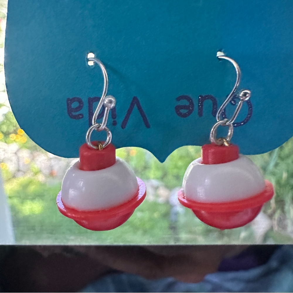 Bobber Earrings Red‎ White Floats - Picture 3 of 4